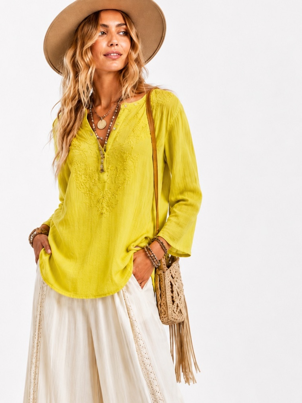 ZAD Crinkled 100% Cotton Gauze Bright Lime Green Yellow Embroidered Tunic Top